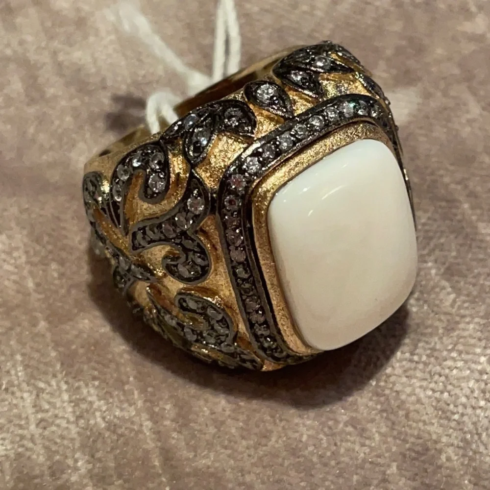 Rivka Friedman 18k Gold CLAD Ring with Cream Cabochon and Black Crystal Accents